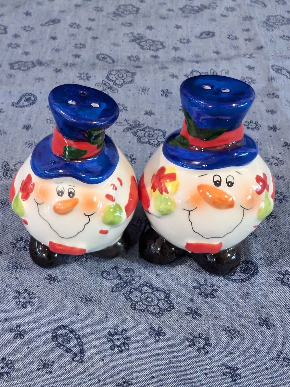 Ceramic Snowman Salt and Pepper Shakers - Blue Hat